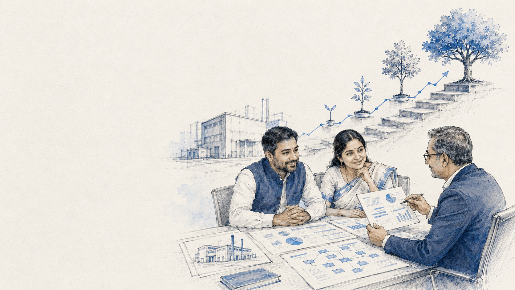 A hand-drawn illustration of Indian business owners reviewing loan and financial information with an advisor, connected to rising steps, growing plants and a tree symbolising long-term wealth creation