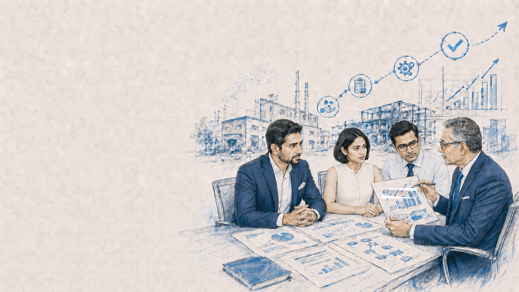 A hand-drawn illustration of an Indian CEO, a young bob-haired corporate woman, a shirt-and-tie professional and a CFO focused on Heuristic-branded financial papers