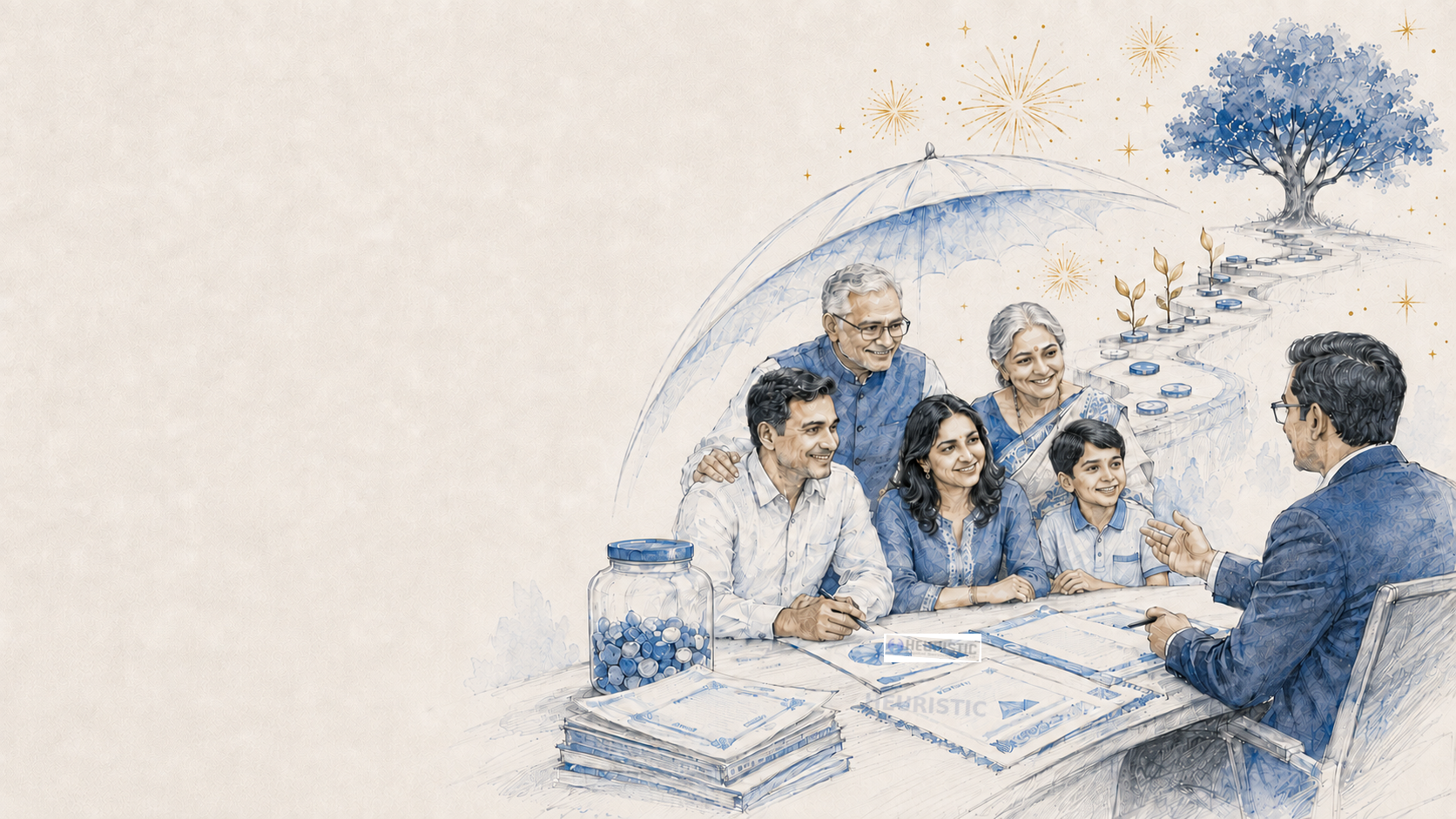 A hand-drawn illustration of a happy multi-generation Indian family with a child reviewing Heuristic-branded financial papers beneath festive golden sparkles